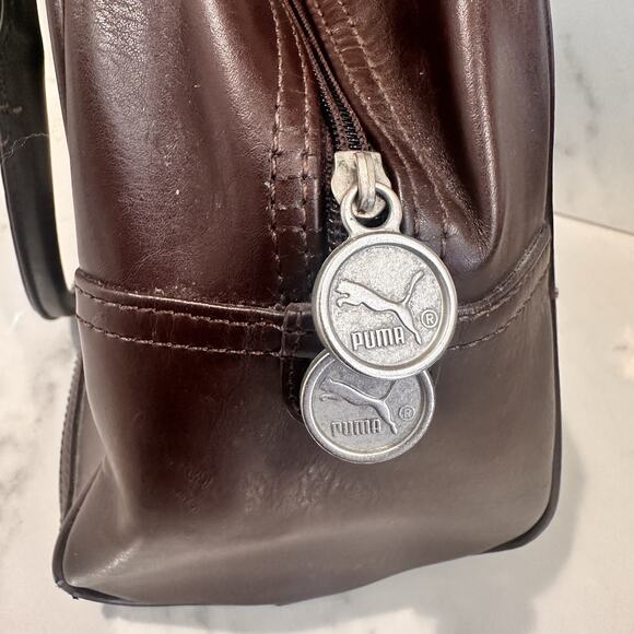 80s 90s Retro Puma Vinyl Brown Messenger Bag Purse Small Duffel - Picture 12 of 16